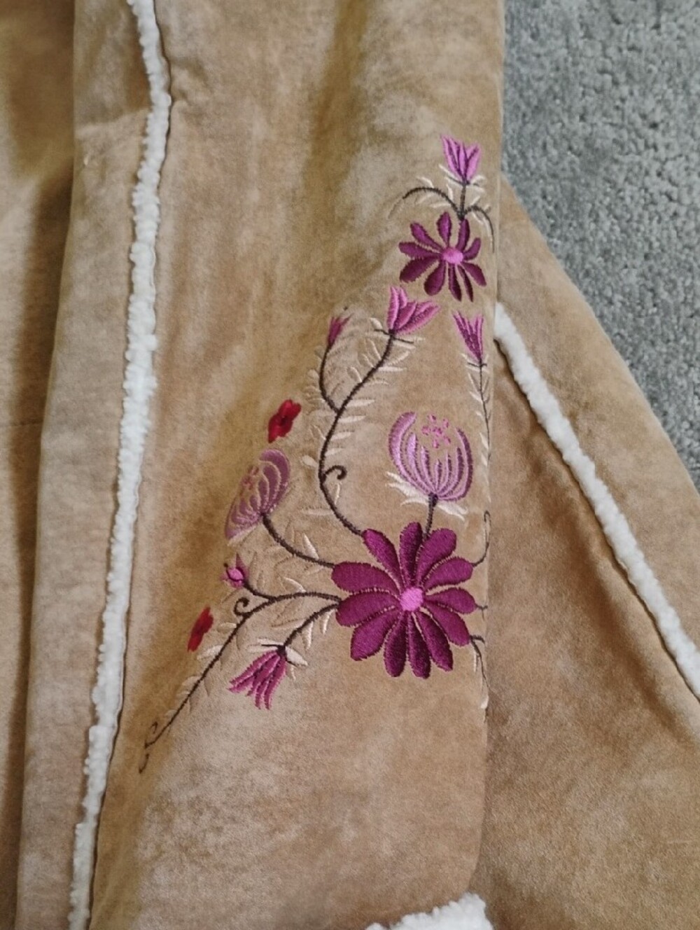St. John's Bay Tan Suede Jacket with Cream Shearling & Pink Floral Embroidery - Picture 8 of 13